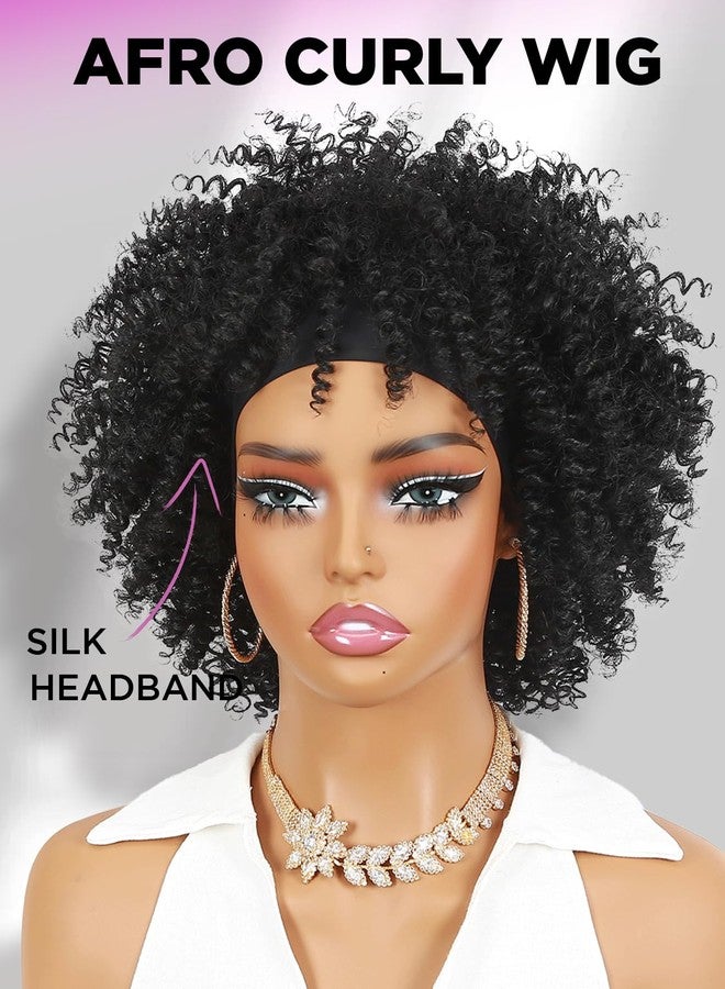 WIGER Short Afro Bouncy Curly Headband Wig Kinky Curly Wigs with Headbands Black Attached Afro Curly Headband Wigs Synthetic Afro Wigs(1B#) - Image 2